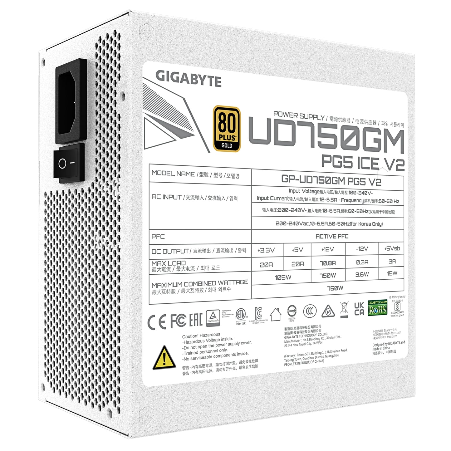 GIGABYTE GP-UD750GM 850W V2 ICE PSU, 80 Plus Gold Fully Modular Power Supply