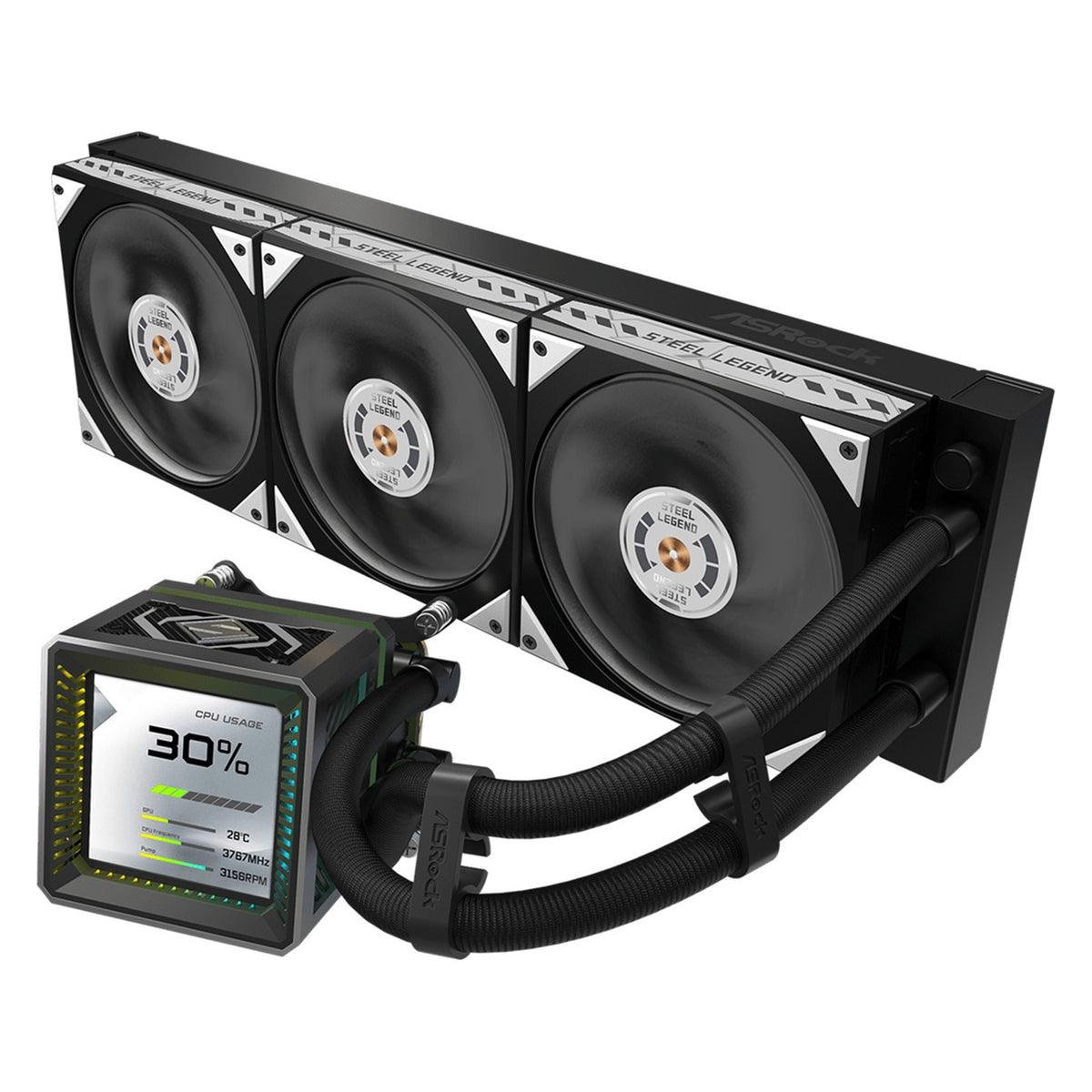 ASRock Steel Legend Dark 360 LCD AIO Liquid CPU Cooler - ARGB Fans, LCD Display