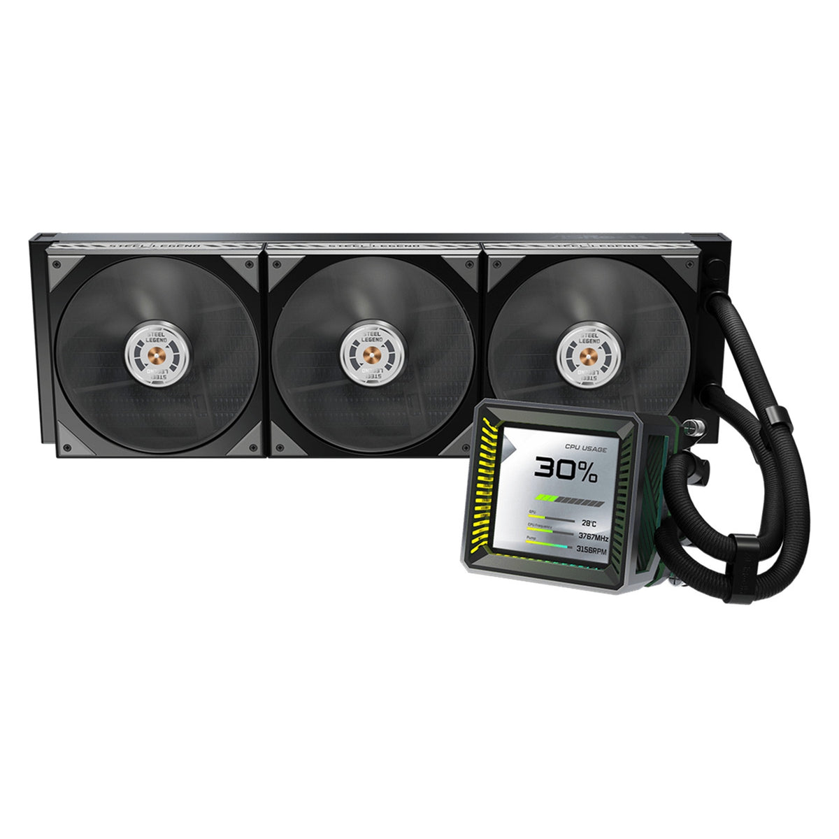 ASRock Steel Legend Dark 360 LCD AIO Liquid CPU Cooler - ARGB Fans, LCD Display