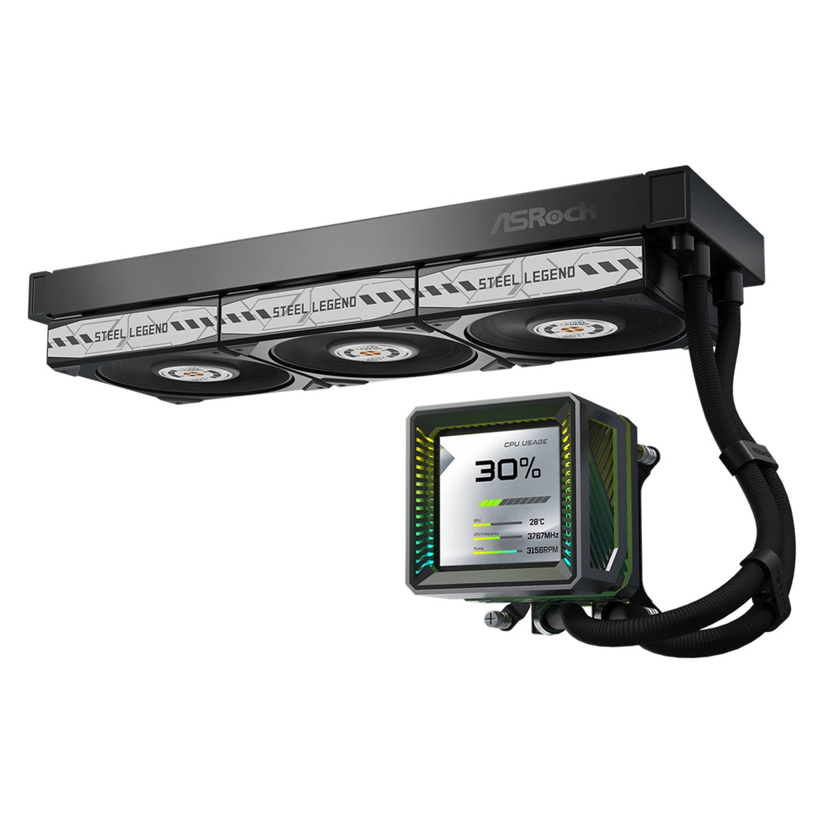 ASRock Steel Legend Dark 360 LCD AIO Liquid CPU Cooler - ARGB Fans, LCD Display
