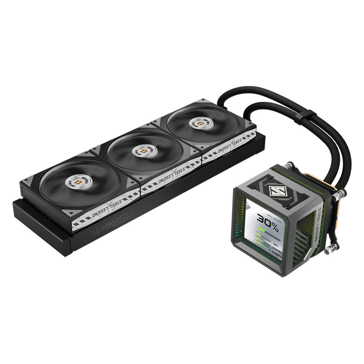 ASRock Steel Legend Dark 360 LCD AIO Liquid CPU Cooler - ARGB Fans, LCD Display