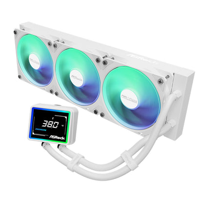 ASRock Challenger 360 Digital AIO Liquid CPU Cooler - White, ARGB Fans, Display