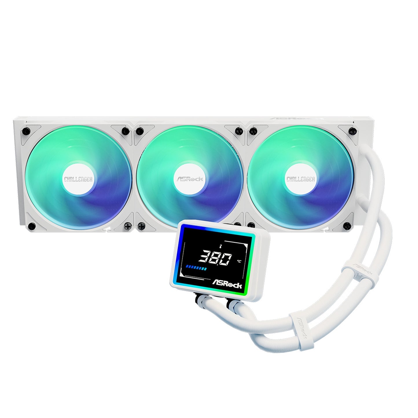 ASRock Challenger 360 Digital AIO Liquid CPU Cooler - White, ARGB Fans, Display