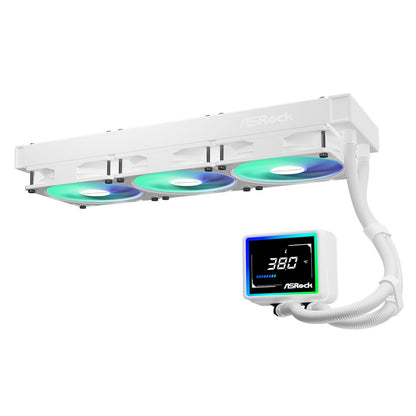 ASRock Challenger 360 Digital AIO Liquid CPU Cooler - White, ARGB Fans, Display