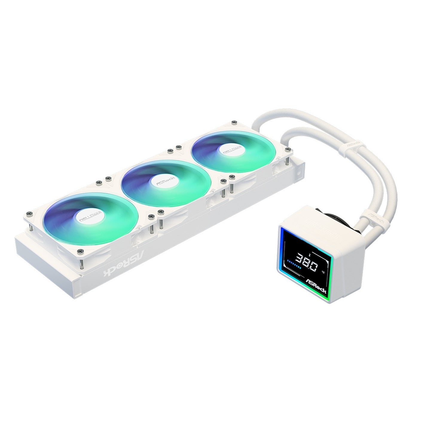 ASRock Challenger 360 Digital AIO Liquid CPU Cooler - White, ARGB Fans, Display