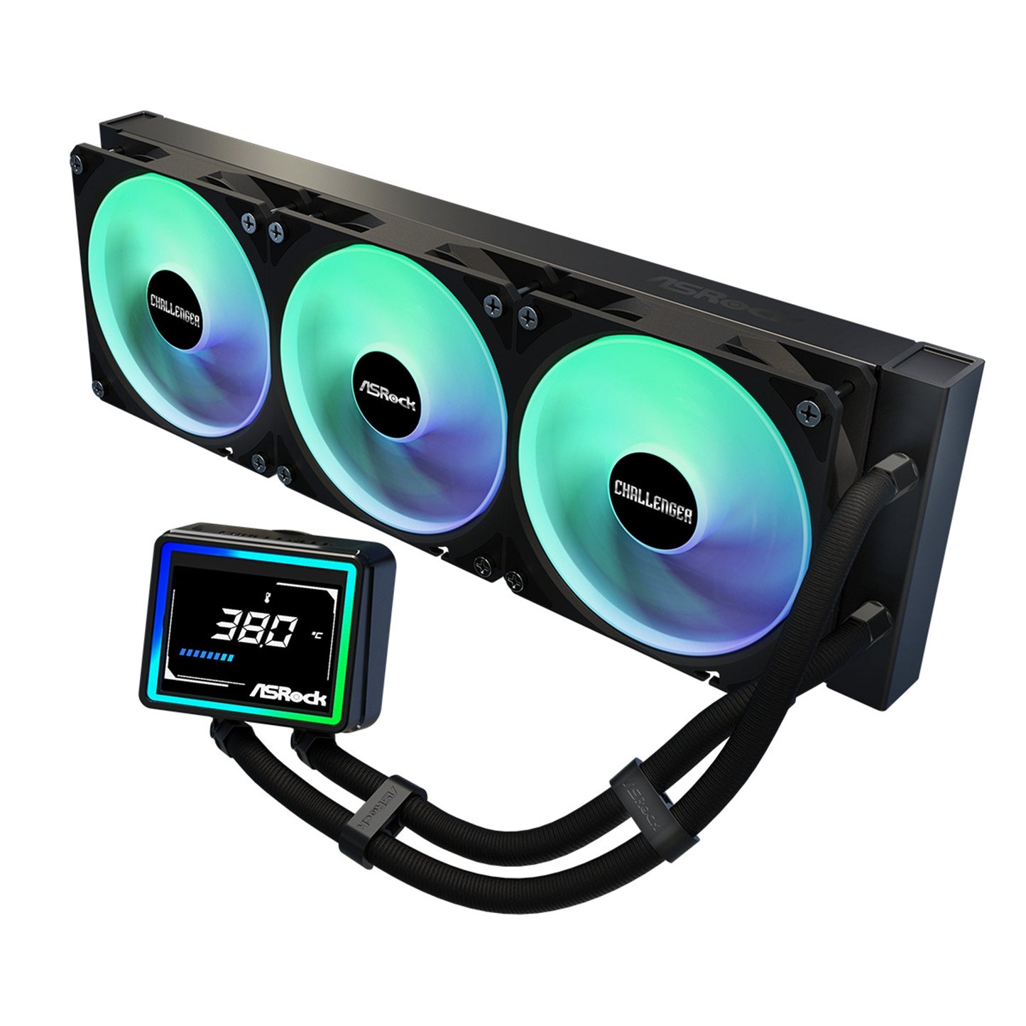 ASRock Challenger 360 Digital AIO Liquid CPU Cooler - Black, ARGB Fans, Display