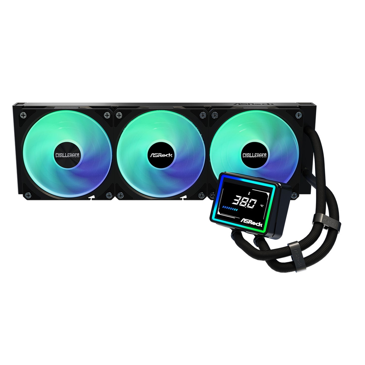 ASRock Challenger 360 Digital AIO Liquid CPU Cooler - Black, ARGB Fans, Display