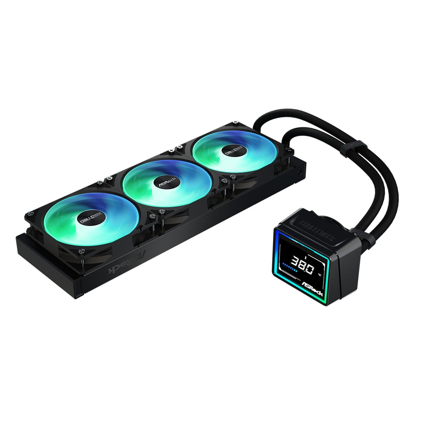 ASRock Challenger 360 Digital AIO Liquid CPU Cooler - Black, ARGB Fans, Display