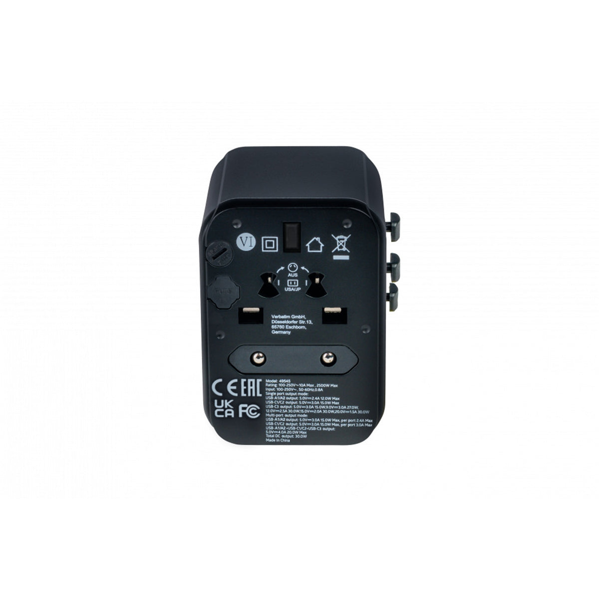 Verbatim UTA-03 Universal Travel Adapter, USB-C PD 30W & QC 3/ 2xUSB-C/ 2xUSB-A