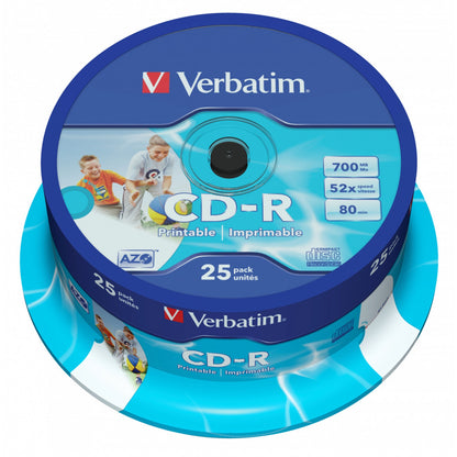 Verbatim CD-R Wide Inkjet Printable ID Branded 25 Pack Spindle AZO 700MB 52X
