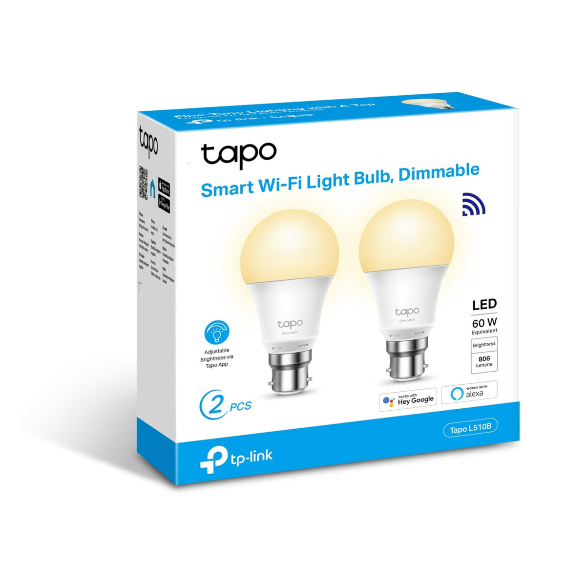 TP-Link Tapo B22 L510B Dimmable Smart Light Bulb - 2 Pack