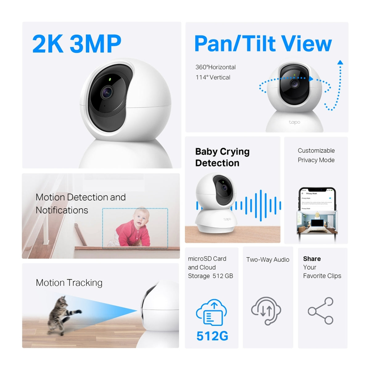 TP-Link Tapo C210P2 Pan Tilt Home Security Wi-Fi Camera - 2 Pack