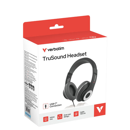 Verbatim TruSound USB-C Over-Ear Headset With In-Line Microphone, Black
