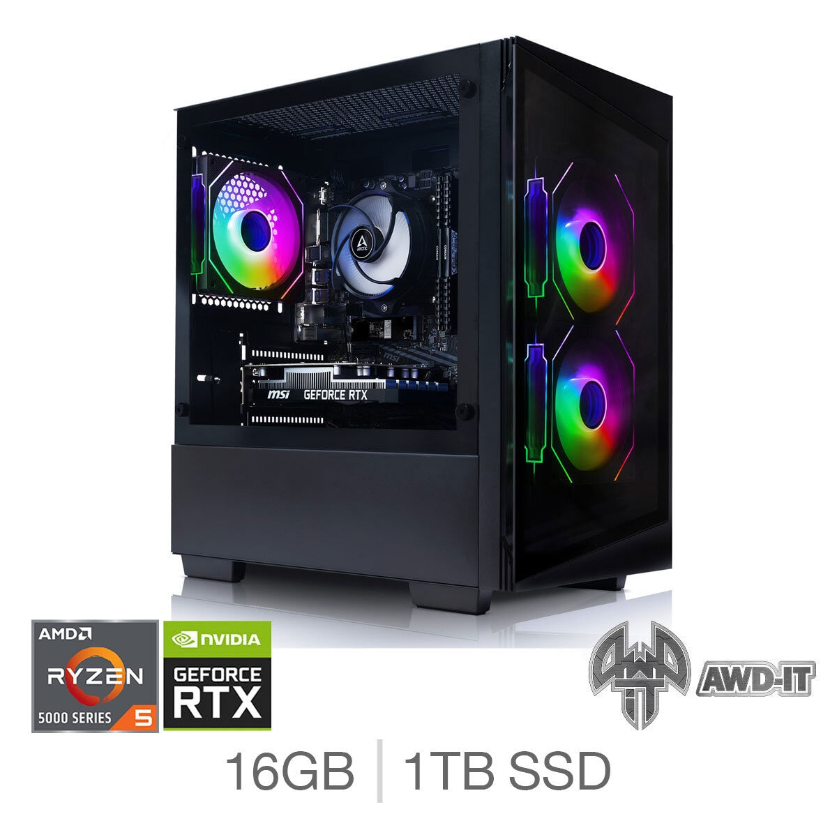 AWD-IT Defiant 3 Gaming Desktop PC, AMD Ryzen 5, 16GB RAM, 1TB SSD, RTX 3050