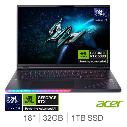 Acer Predator Helios 18 AI Gaming Laptop, 18 Inch Core Ultra 9 32GB 1TB RTX 5080