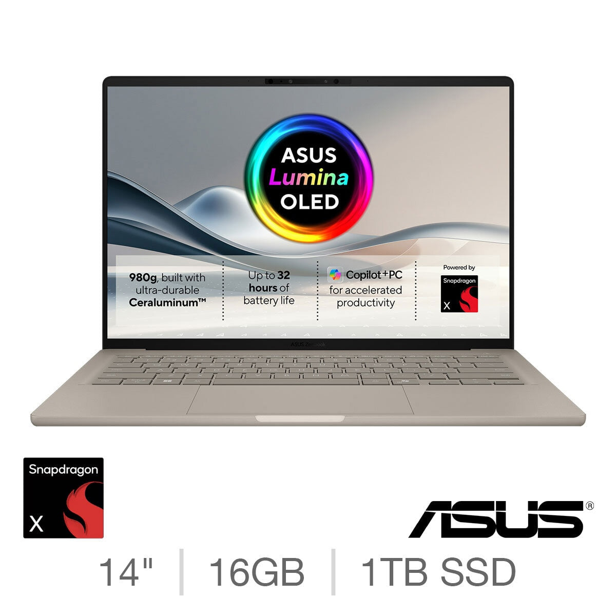 ASUS Zenbook A14 Laptop, 14 Inch OLED Copilot+ PC, Snapdragon X, 16GB, 1TB
