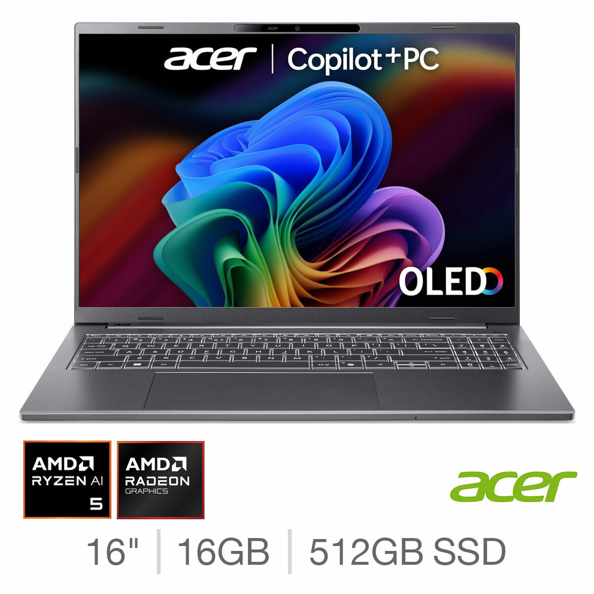 Acer Aspire 16 AI Laptop, 16 Inch Copilot+ PC AMD Ryzen AI 5, 16GB RAM 512GB SSD