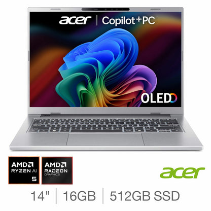 Acer Aspire 14 AI Laptop, 14 Inch Copilot+ PC, AMD Ryzen AI 5 16GB RAM 512GB SSD