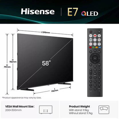 Hisense 58E7QTUK 58 Inch QLED HD Smart TV 5-Year Warranty