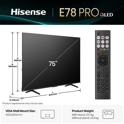 Hisense 75E78QTUK PRO 75 Inch QLED HD Smart TV