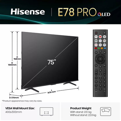 Hisense 75E78QTUK PRO 75 Inch QLED HD Smart TV 5-Year Warranty