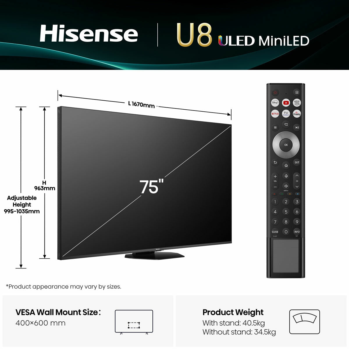 Hisense 75U8QTUK 75 Inch Mini LED HD Smart TV