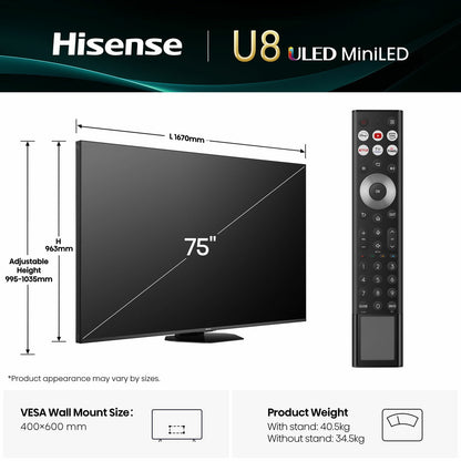 Hisense 75U8QTUK 75 Inch Mini LED HD Smart TV