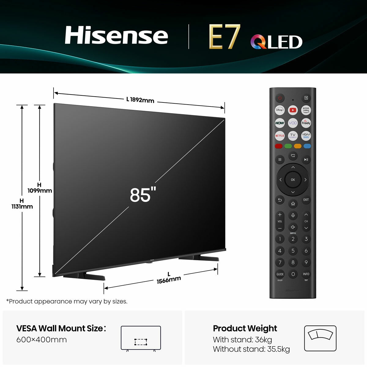 Hisense 85E7QTUK 85 Inch QLED HD Smart TV