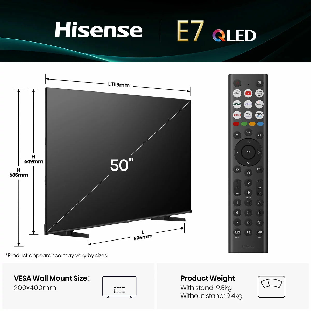 Hisense 50E7QTUK 50 Inch QLED Smart TV 5-Year Warranty