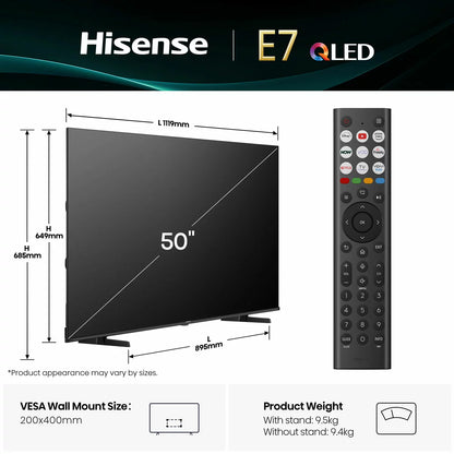 Hisense 50E7QTUK 50 Inch QLED Smart TV 5-Year Warranty