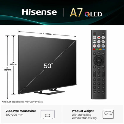 Hisense 50A7QTUK 50 Inch QLED HD Smart TV 5-Year Warranty