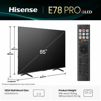 Hisense 85E78QTUK PRO 85 Inch QLED HD Smart TV