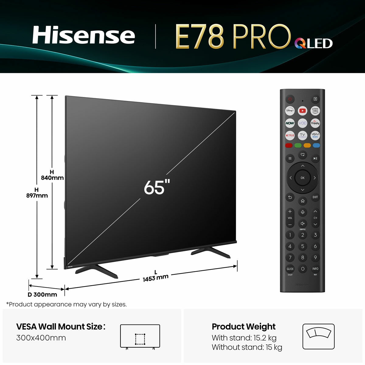 Hisense 65 Inch QLED HD Smart TV, DTS Virtual X Decoding 65E78QTUK PRO