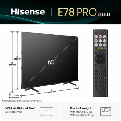 Hisense 65 Inch QLED HD Smart TV, DTS Virtual X Decoding 65E78QTUK PRO