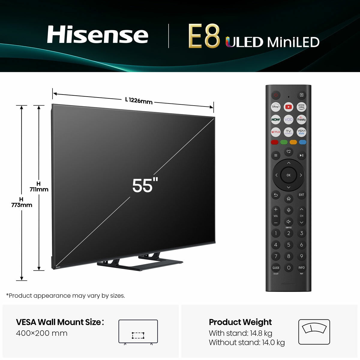 Hisense 55E8QTUK 55 Inch Mini LED HD Smart TV