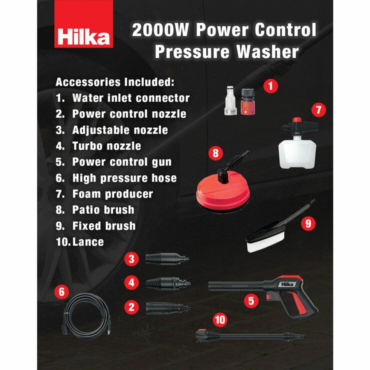 Hilka 2000W 160 Bar Control Pressure Washer with Patio Cleaner