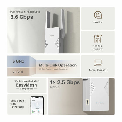 TP-Link RE235BE Dual-band WiFi 7 Range Extender, BE3600