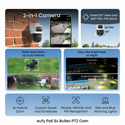 Eufy S4 NVR Security System with 2xPOE S4 Bullet-PTZ Cam & 2xPOE E40 Bullet Cam