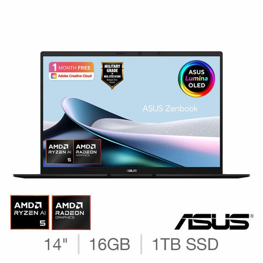 ASUS Zenbook 14 Inch Laptop, OLED Screen, AMD Ryzen AI 5, 16GB, 1TB, AMD Radeon