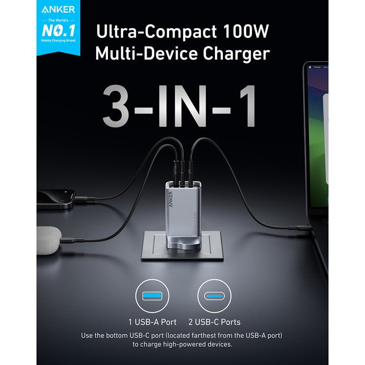Anker Prime Charger (100W, 3 Ports, GaNPrime) with 0.9m & 1.8m 240W USB-C Cables