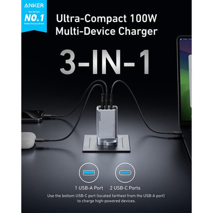 Anker Prime Charger (100W, 3 Ports, GaNPrime) with 0.9m & 1.8m 240W USB-C Cables