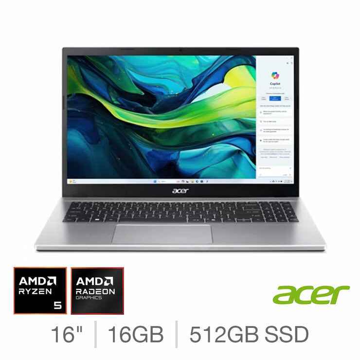 Acer Aspire 16 Inch Laptop, AMD Ryzen 5, 16GB RAM, 512GB SSD, NX.J7WEK.00M