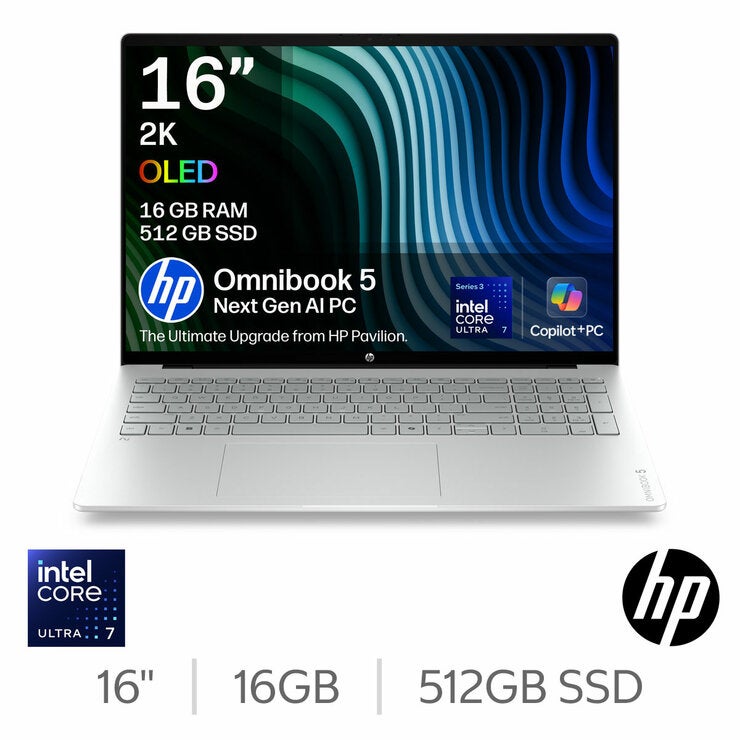 HP Omnibook 5 16 Inch OLED Laptop, Intel Core Ultra 7, 16GB RAM, 512GB SSD