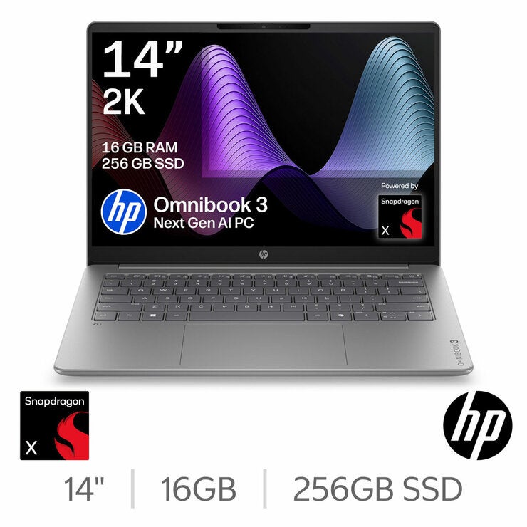 HP Omnibook 3 14 Inch Laptop, Copilot+ PC, Snapdragon X, 16GB RAM, 256GB SSD