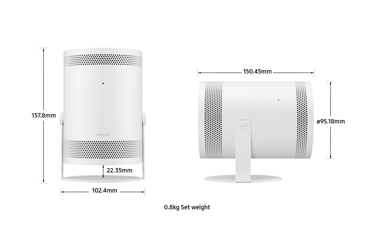 White cylindrical projector shown from front and side views with dimension measurements and a note reading 0.8kg Set weight on a light gray background.