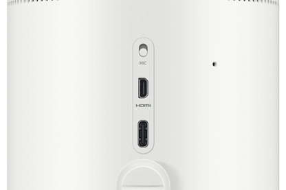 Close-up of the rear port area of a white smart projector, showing a round MIC jack, an HDMI port, and an HDMI port vertically aligned below the HDMI connector.