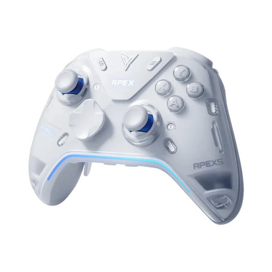 White gaming controller with blue accents on a white background