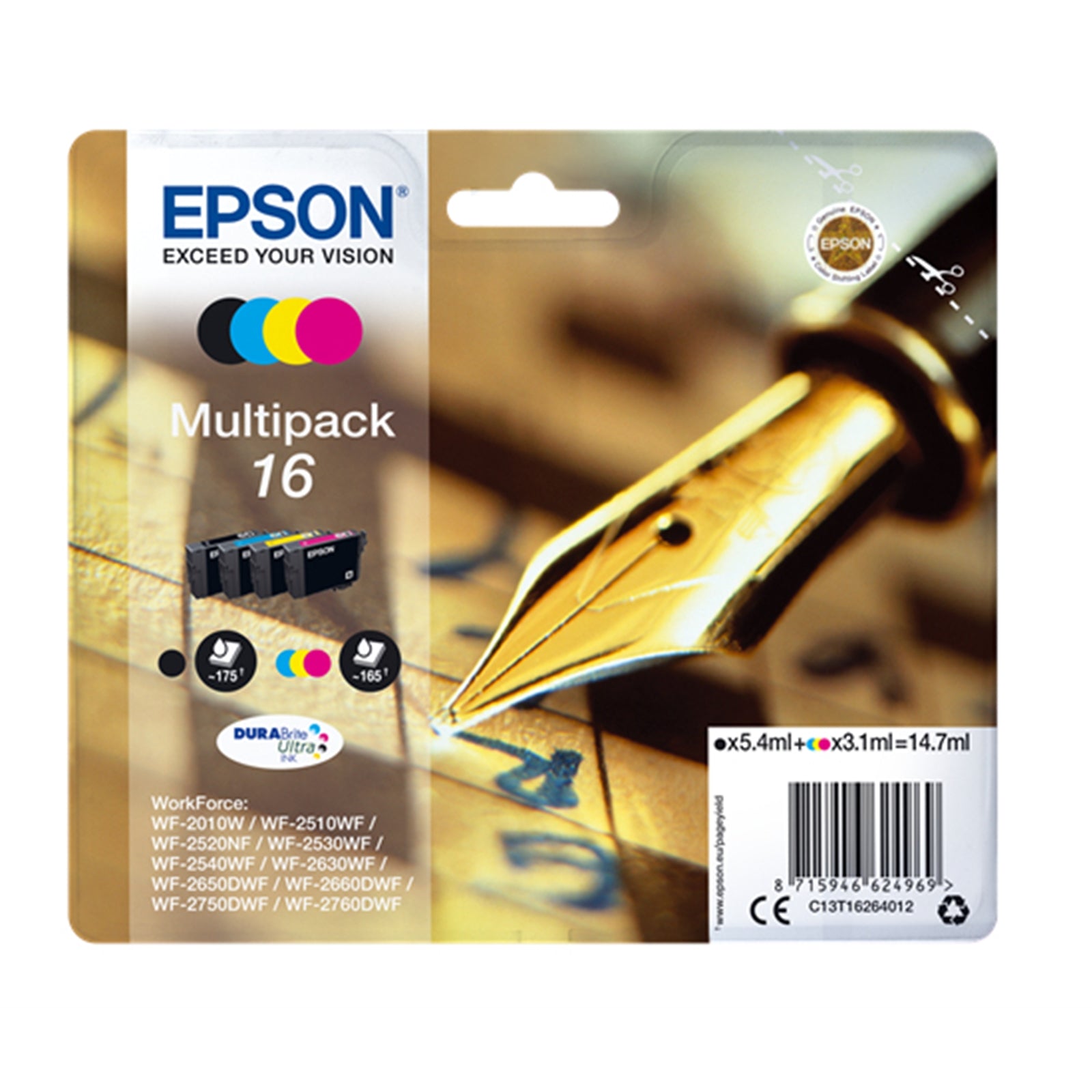 Epson 16 Series Original Ink Cartridges Multipack - Black, Cyan, Magenta, Yellow (C13T16264012)