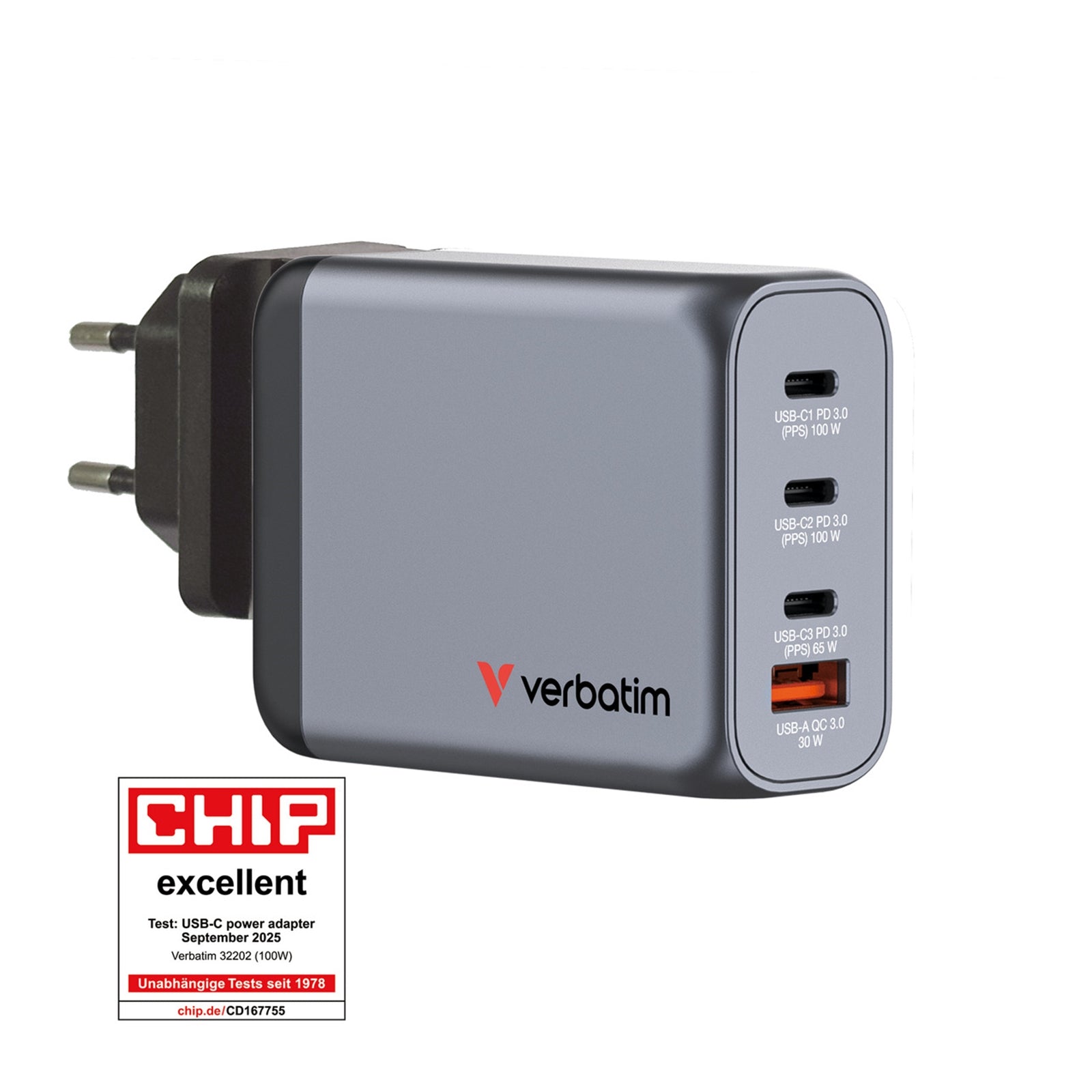 Verbatim (32202) GNC-100 GaN Charger 100W with 2 x USB-C PD 100W / 1 x USB-C PD 65W / 1 x USB-A QC 3.0 (EU/UK/US)