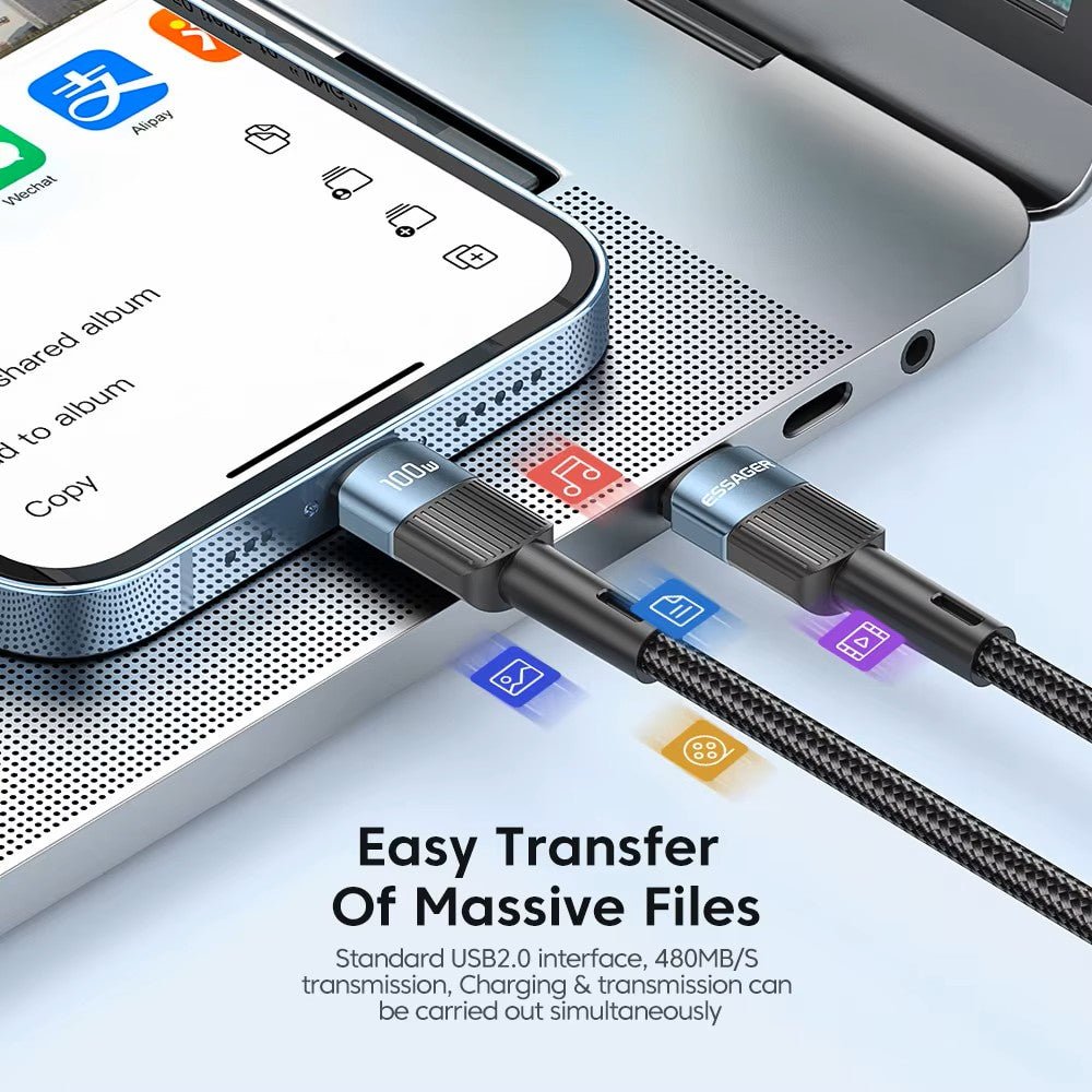 Essager USB - C Cable PD 100W Fast Charging - Mobile Charger - Essager - Lazymart - Black:1m:12000029273905343 - Essager USB - C Cable PD 100W Fast Charging